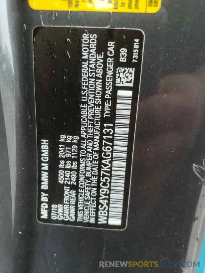 10 fotografías del automóvil dañado WBS4Y9C57KAG67131 BMW M4 2019