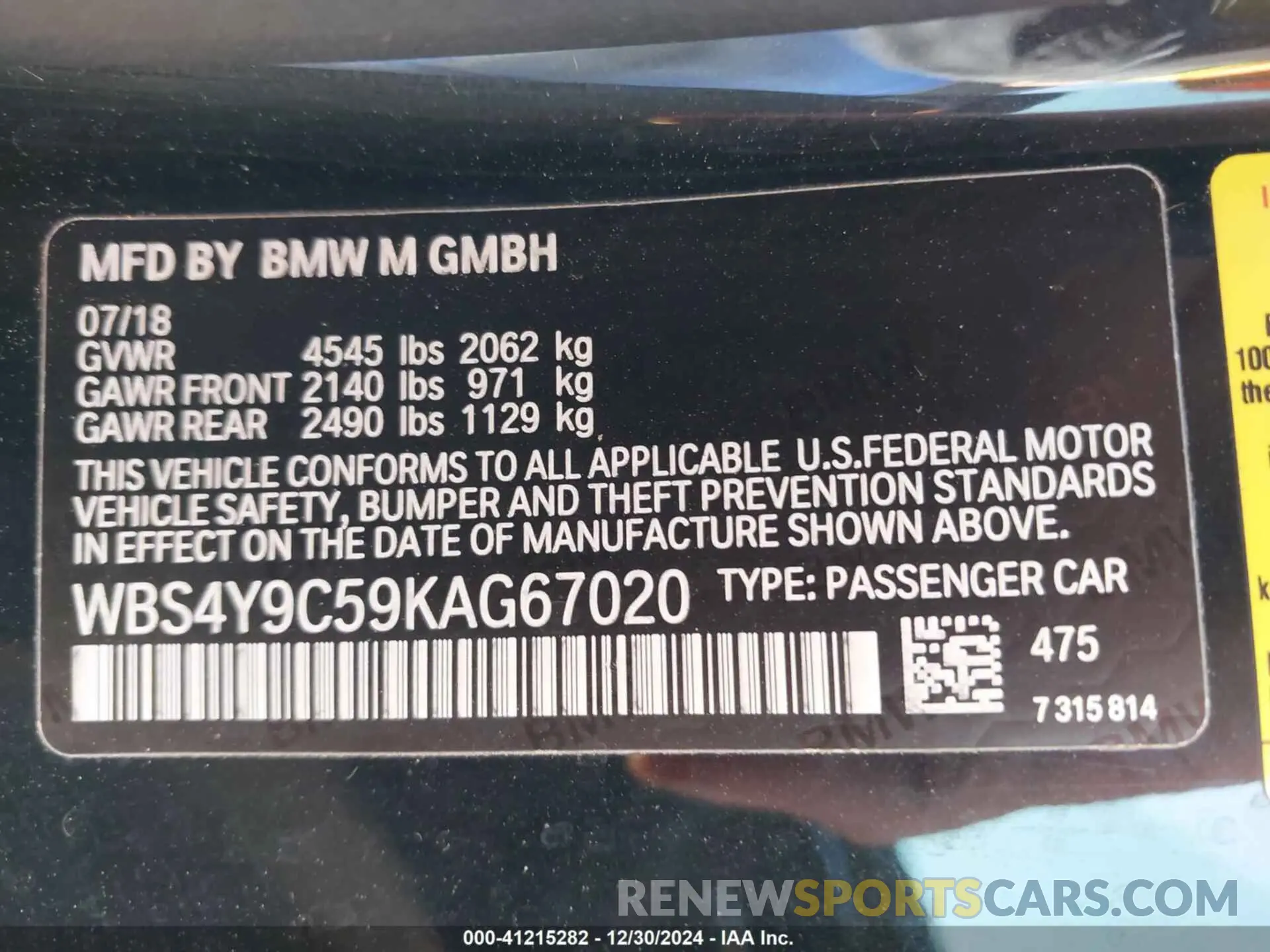 9 fotografías del automóvil dañado WBS4Y9C59KAG67020 BMW M4 2019