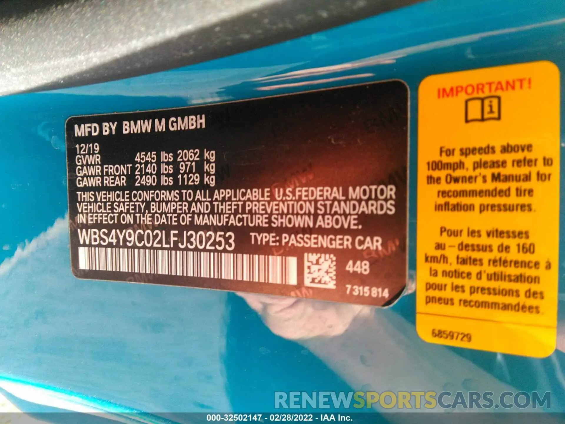 9 fotografías del automóvil dañado WBS4Y9C02LFJ30253 BMW M4 2020