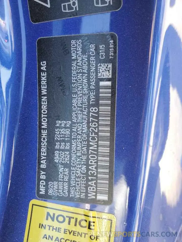 12 fotografías del automóvil dañado WBA13AR07MCF26778 BMW M4 2021
