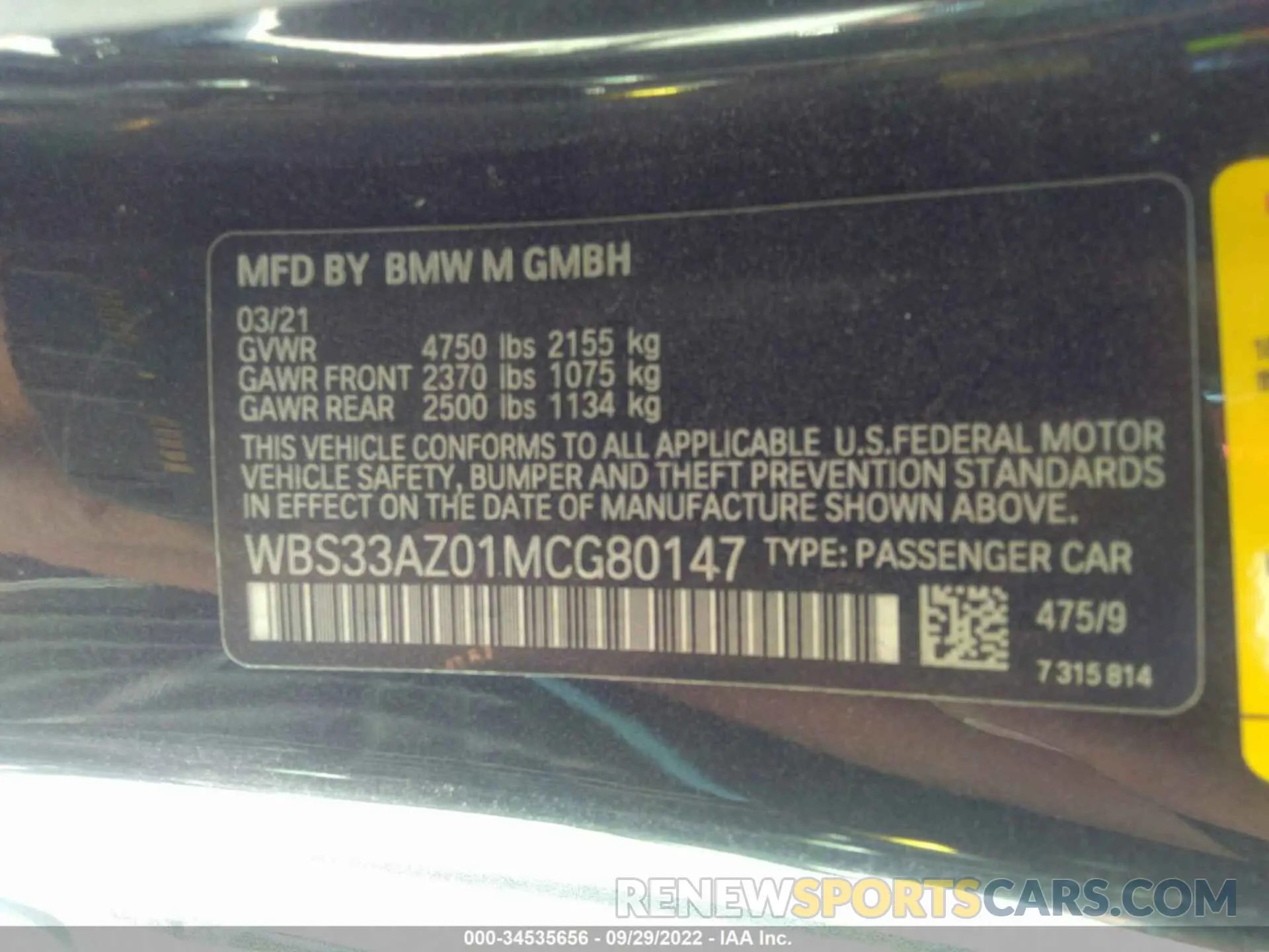 9 fotografías del automóvil dañado WBS33AZ01MCG80147 BMW M4 2021