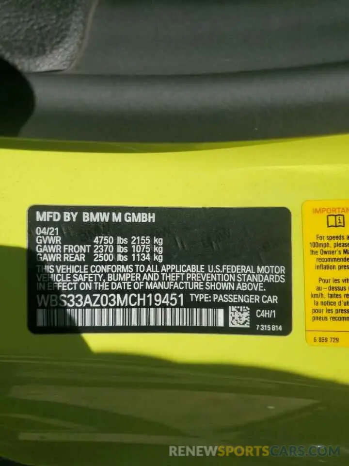 12 fotografías del automóvil dañado WBS33AZ03MCH19451 BMW M4 2021