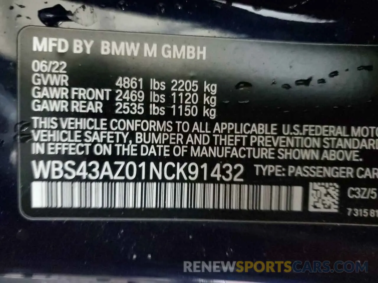 12 fotografías del automóvil dañado WBS43AZ01NCK91432 BMW M4 2022