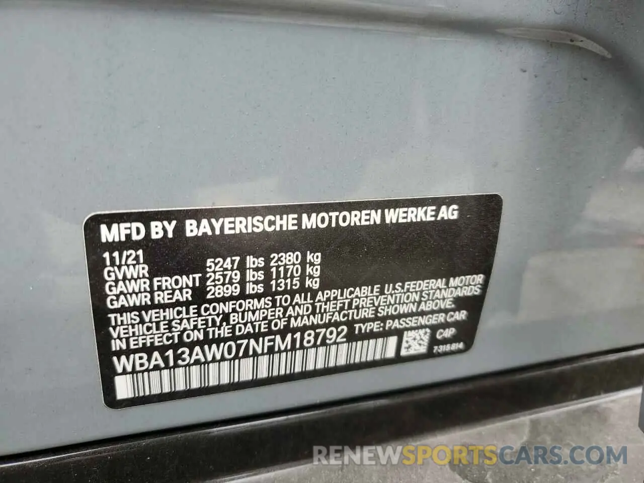 10 fotografías del automóvil dañado WBA13AW07NFM18792 BMW M440XI GRA 2022