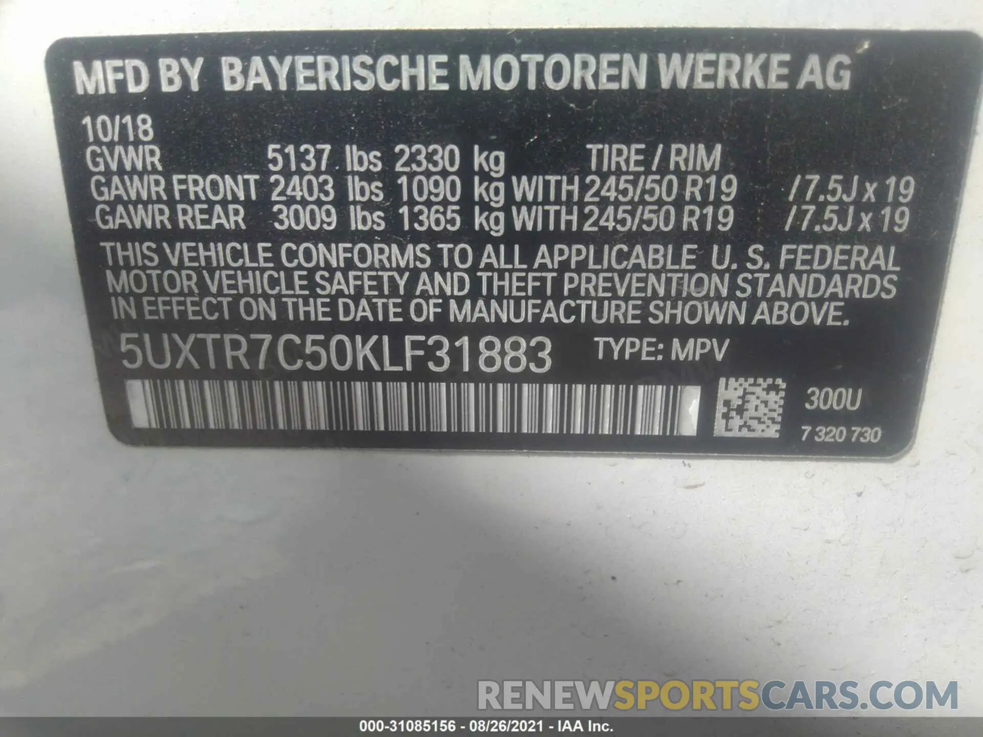 9 fotografías del automóvil dañado 5UXTR7C50KLF31883 BMW X3 2019