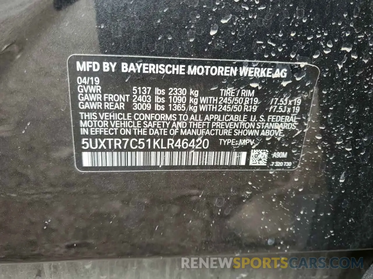 16 fotografías del automóvil dañado 5UXTR7C51KLR46420 BMW X3 2019