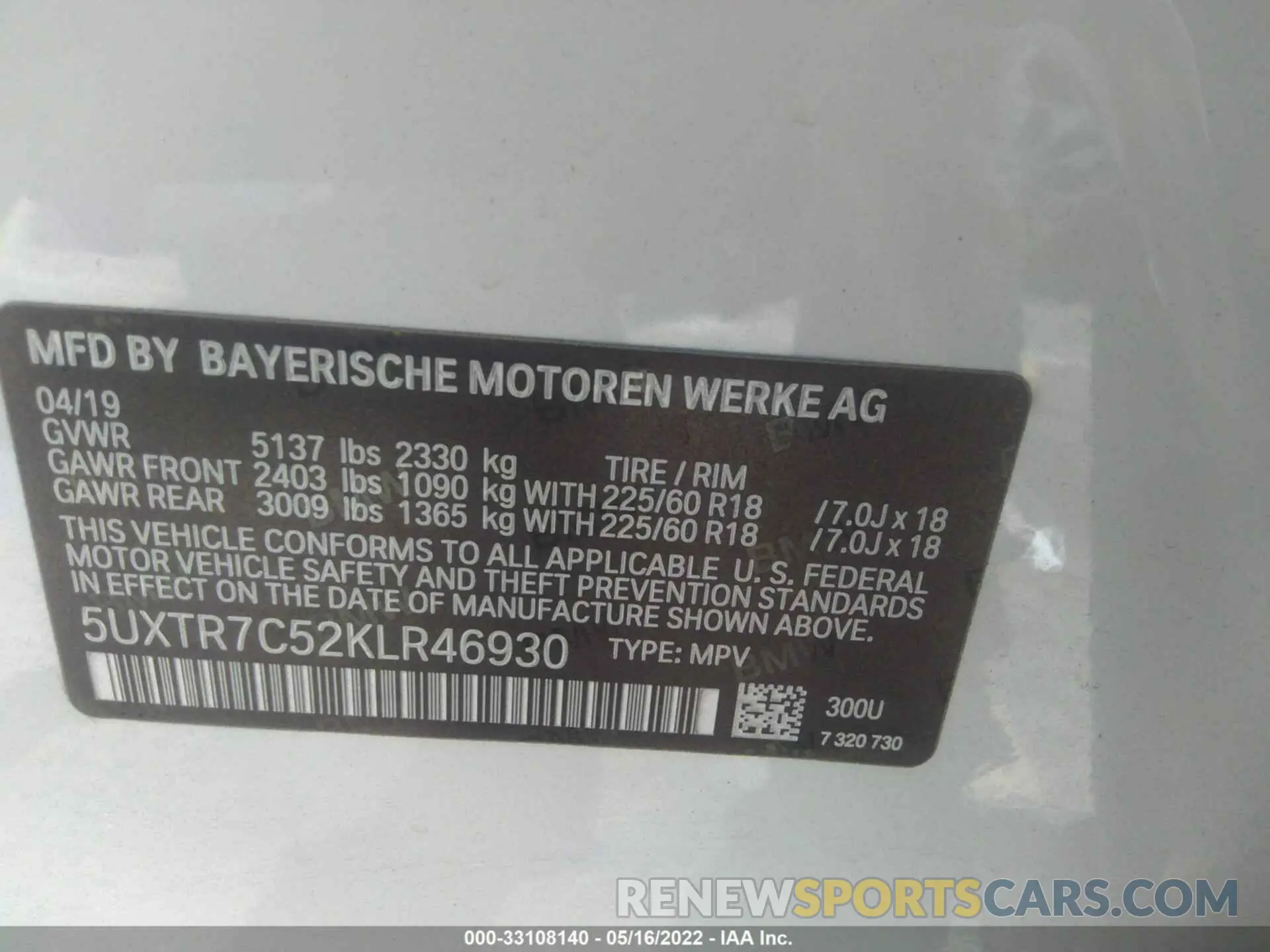 9 fotografías del automóvil dañado 5UXTR7C52KLR46930 BMW X3 2019