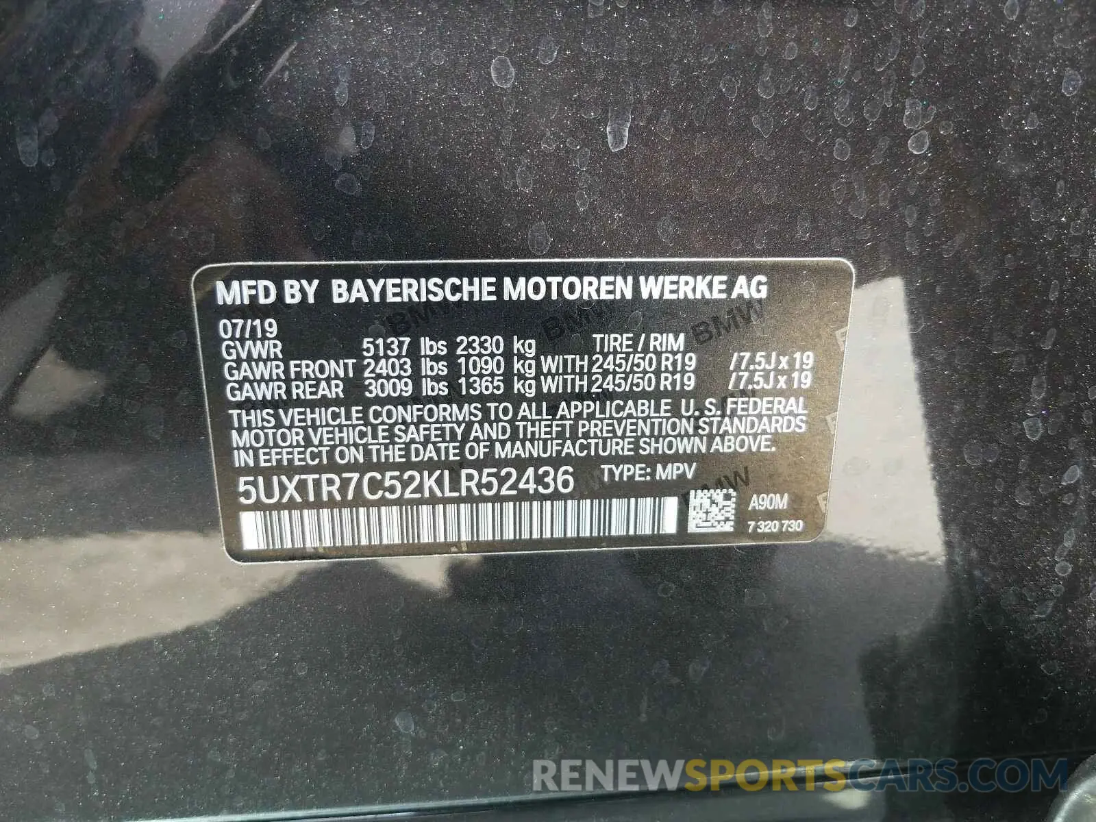 10 fotografías del automóvil dañado 5UXTR7C52KLR52436 BMW X3 2019