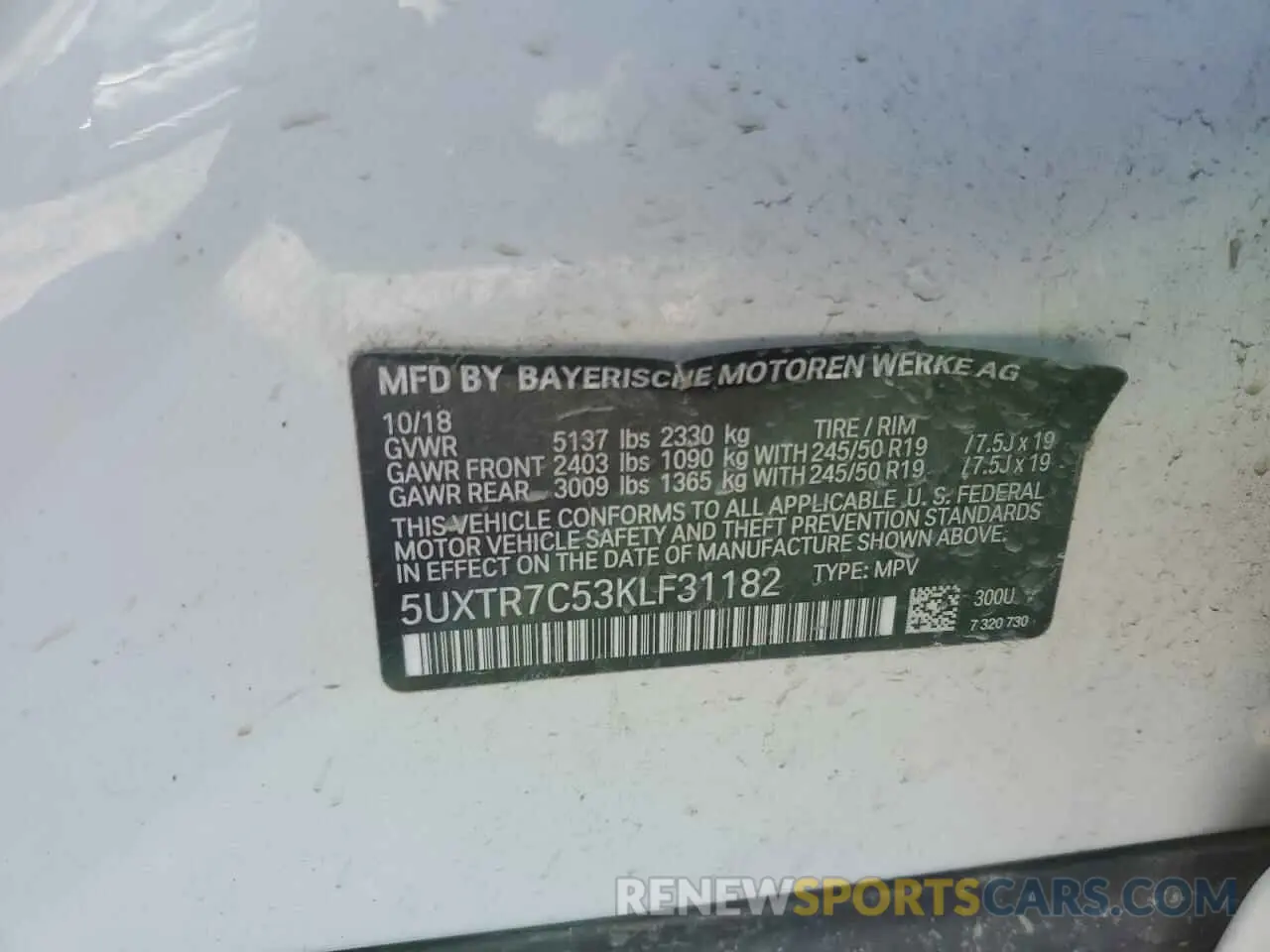 15 fotografías del automóvil dañado 5UXTR7C53KLF31182 BMW X3 2019