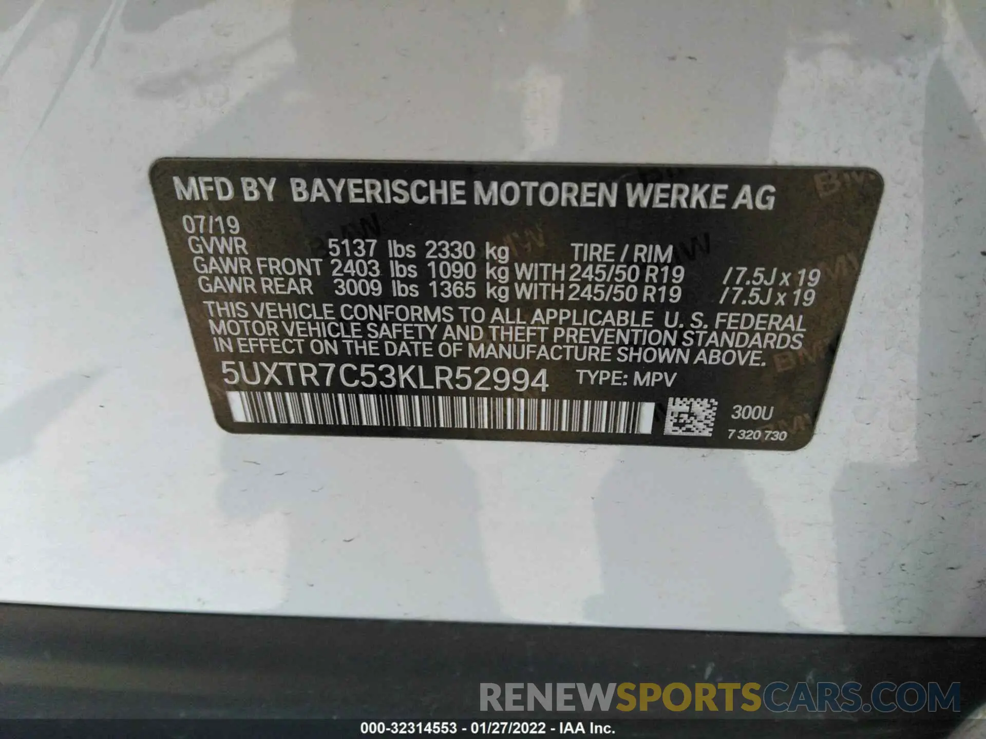 9 fotografías del automóvil dañado 5UXTR7C53KLR52994 BMW X3 2019