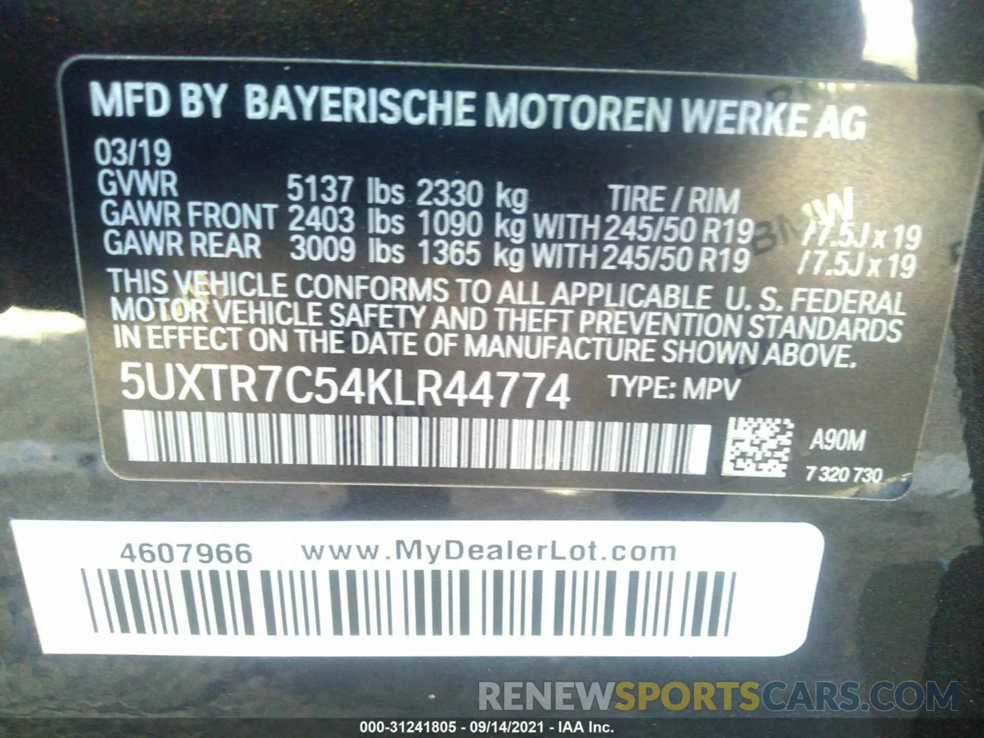 9 fotografías del automóvil dañado 5UXTR7C54KLR44774 BMW X3 2019