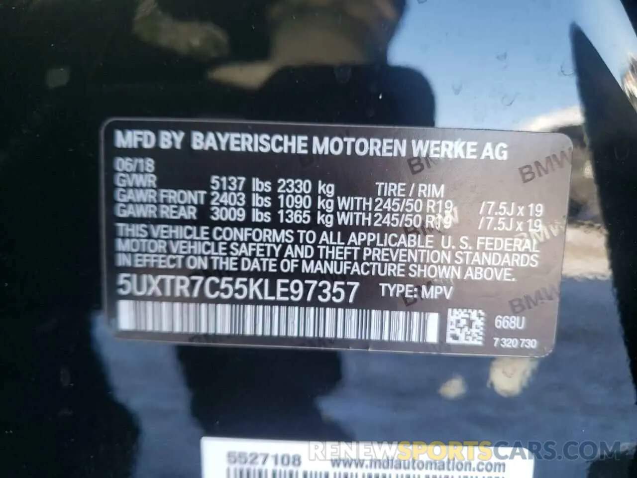 10 fotografías del automóvil dañado 5UXTR7C55KLE97357 BMW X3 2019