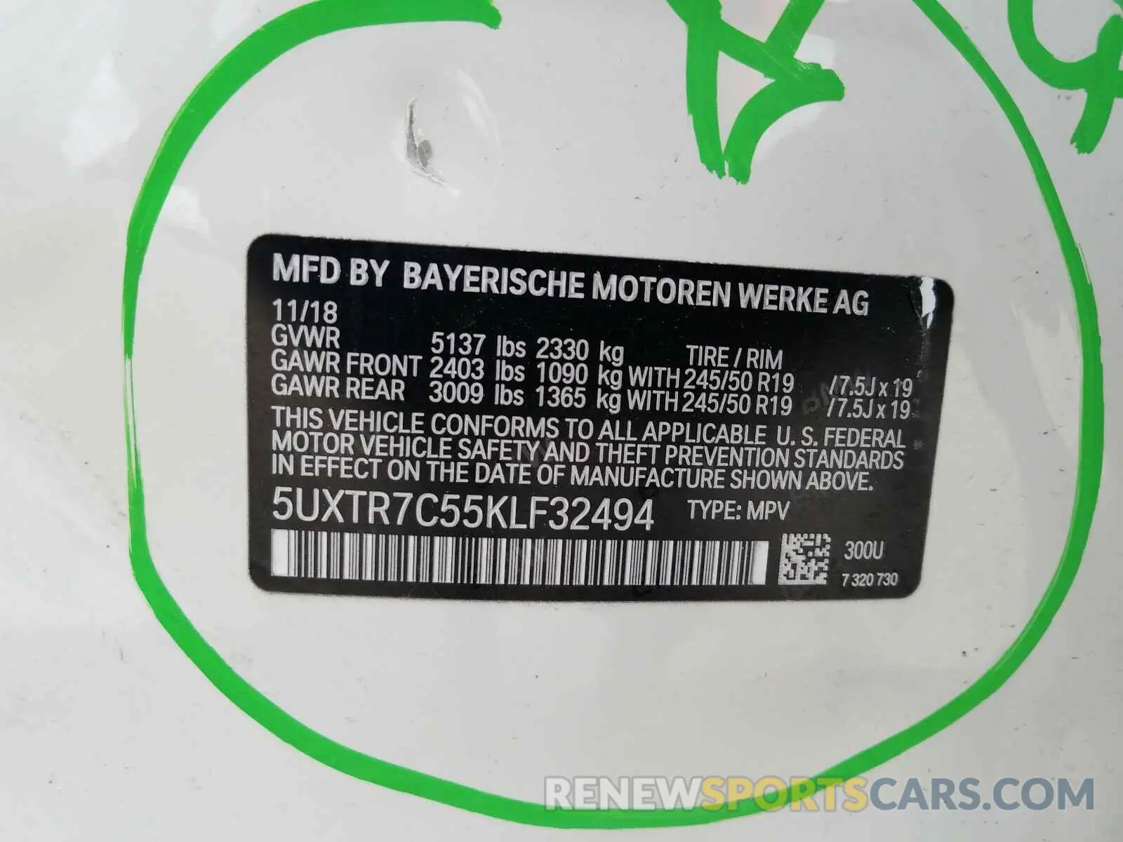 10 fotografías del automóvil dañado 5UXTR7C55KLF32494 BMW X3 2019