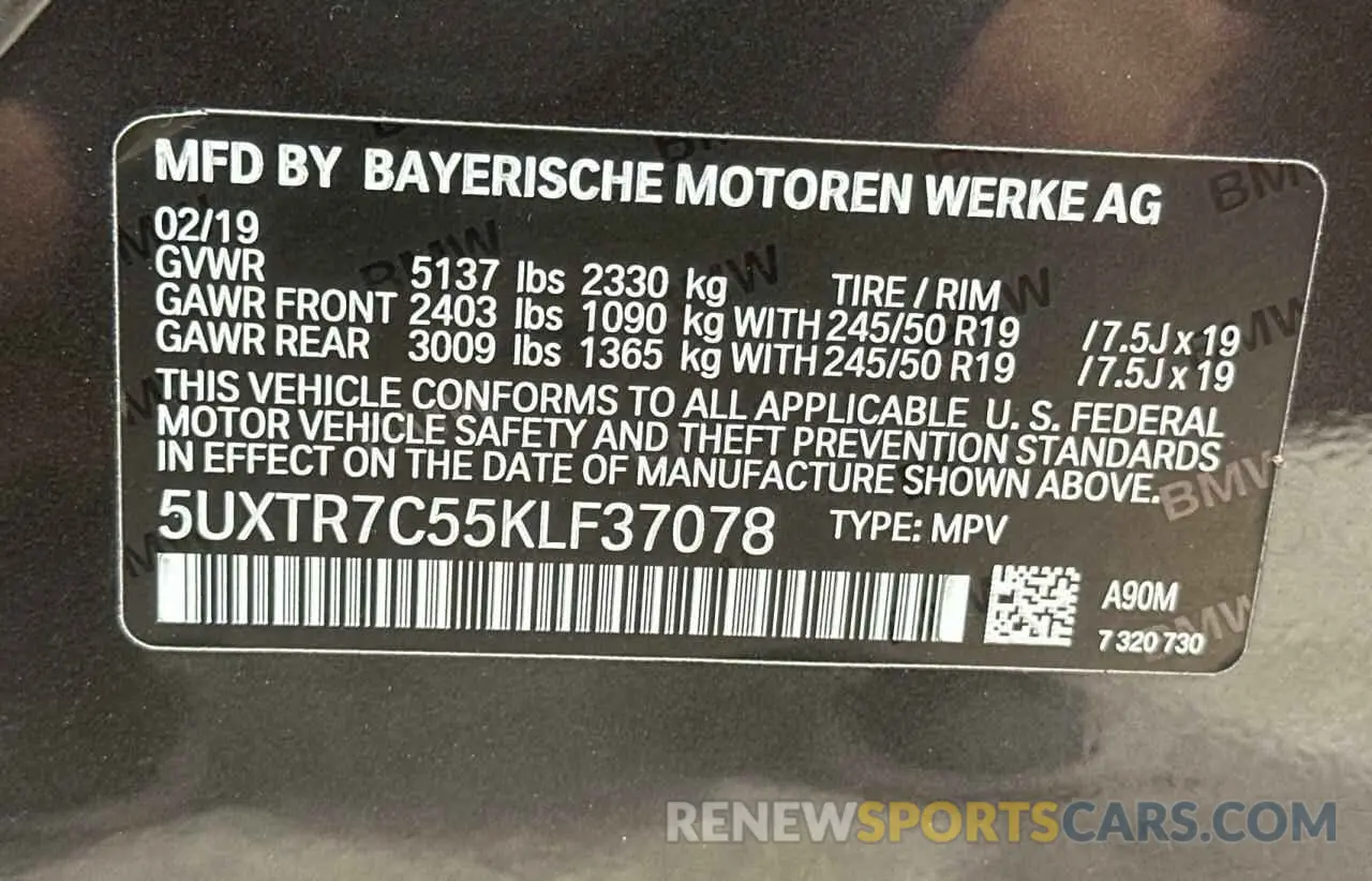 10 fotografías del automóvil dañado 5UXTR7C55KLF37078 BMW X3 2019