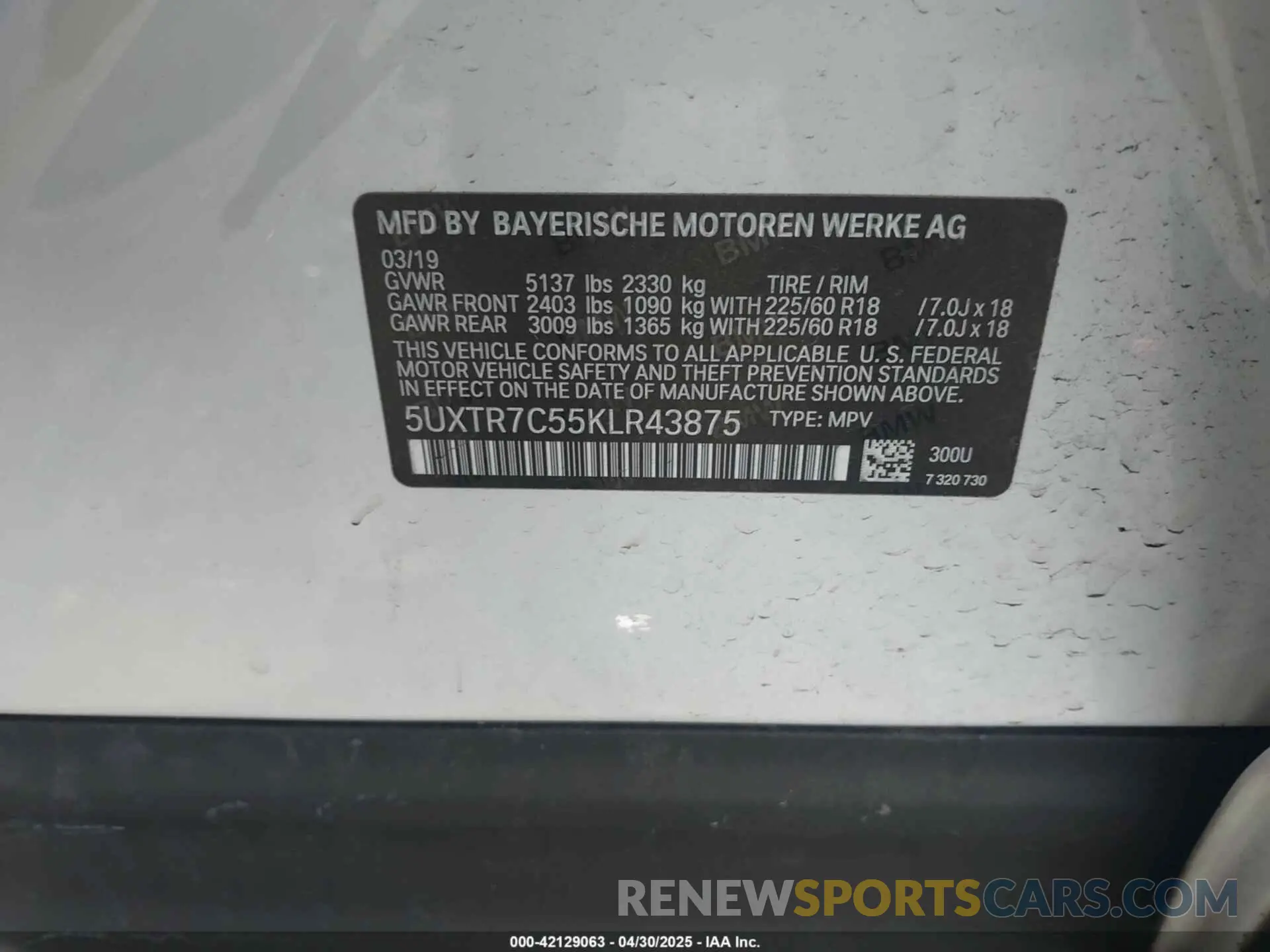 9 fotografías del automóvil dañado 5UXTR7C55KLR43875 BMW X3 2019