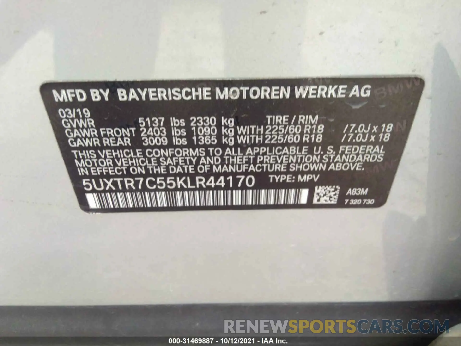 9 fotografías del automóvil dañado 5UXTR7C55KLR44170 BMW X3 2019