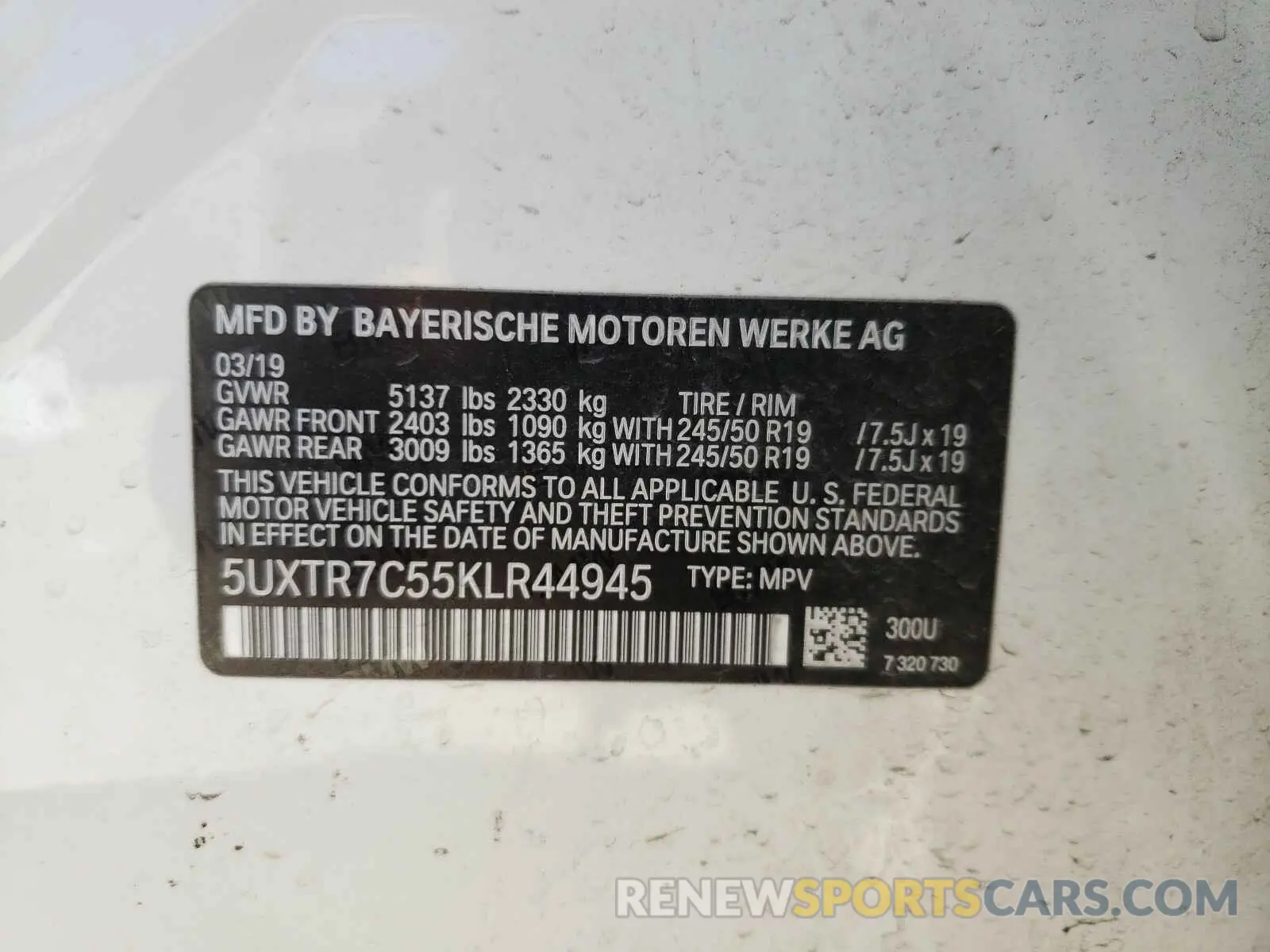 10 fotografías del automóvil dañado 5UXTR7C55KLR44945 BMW X3 2019