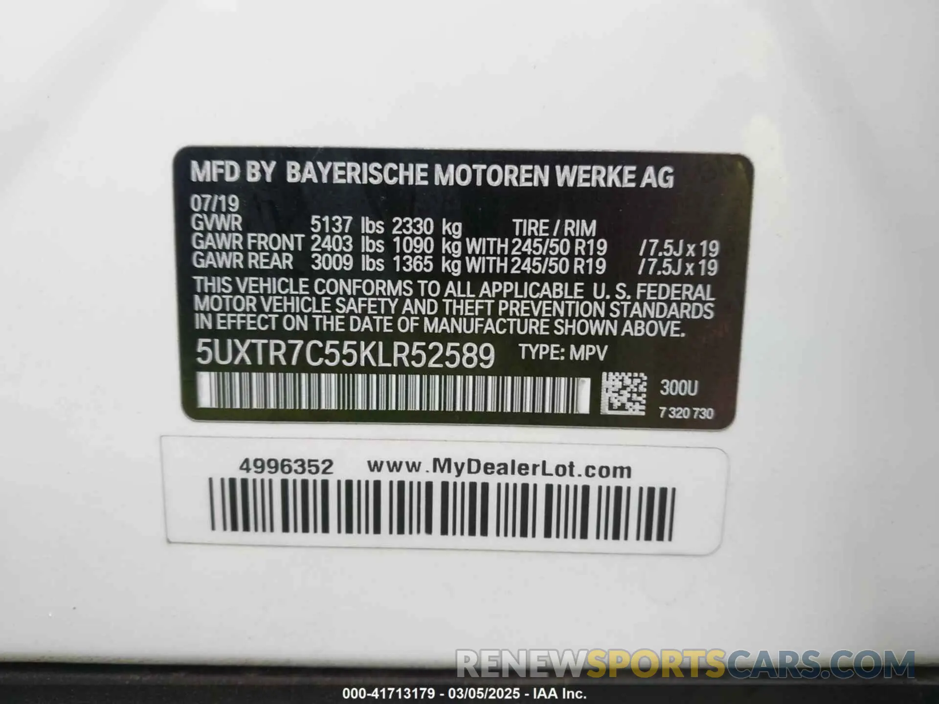9 fotografías del automóvil dañado 5UXTR7C55KLR52589 BMW X3 2019