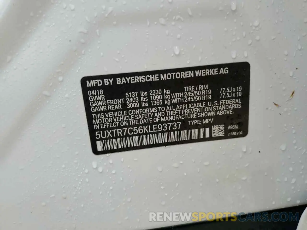 10 fotografías del automóvil dañado 5UXTR7C56KLE93737 BMW X3 2019