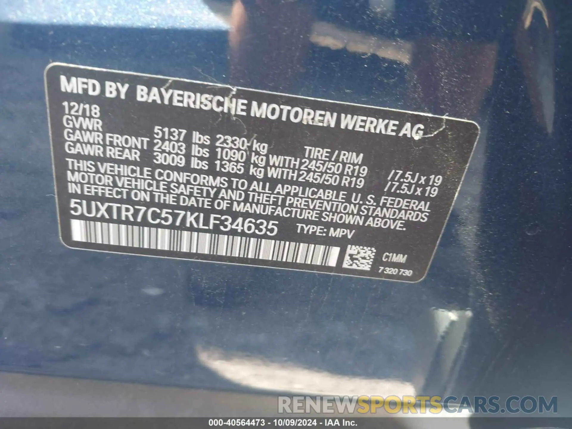 9 fotografías del automóvil dañado 5UXTR7C57KLF34635 BMW X3 2019