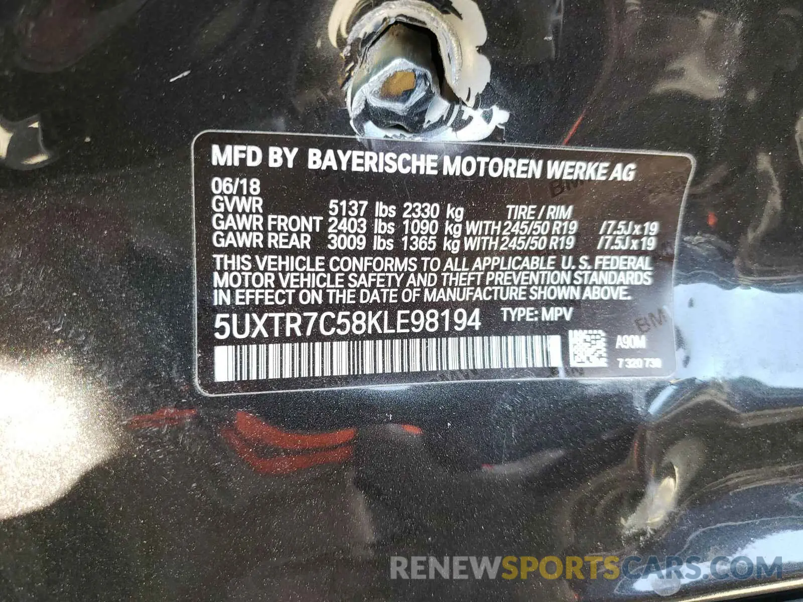 10 fotografías del automóvil dañado 5UXTR7C58KLE98194 BMW X3 2019