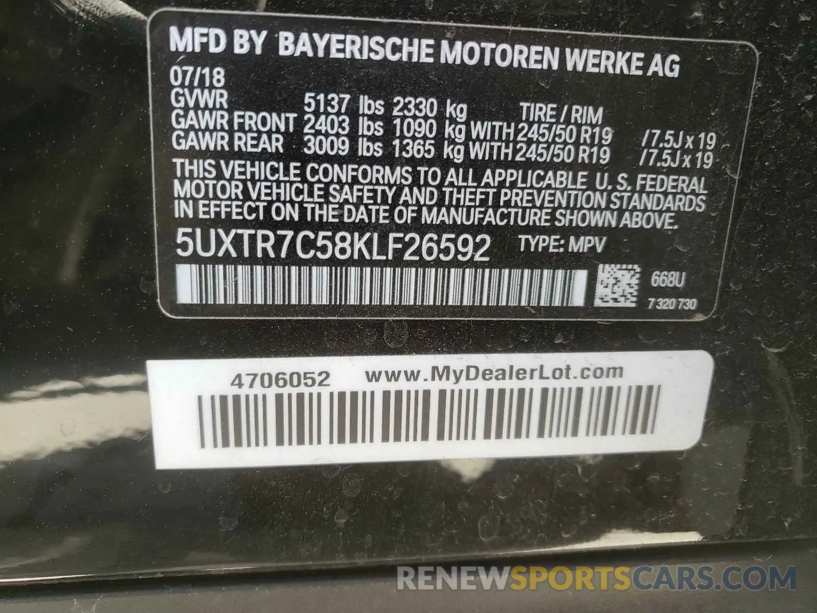10 fotografías del automóvil dañado 5UXTR7C58KLF26592 BMW X3 2019