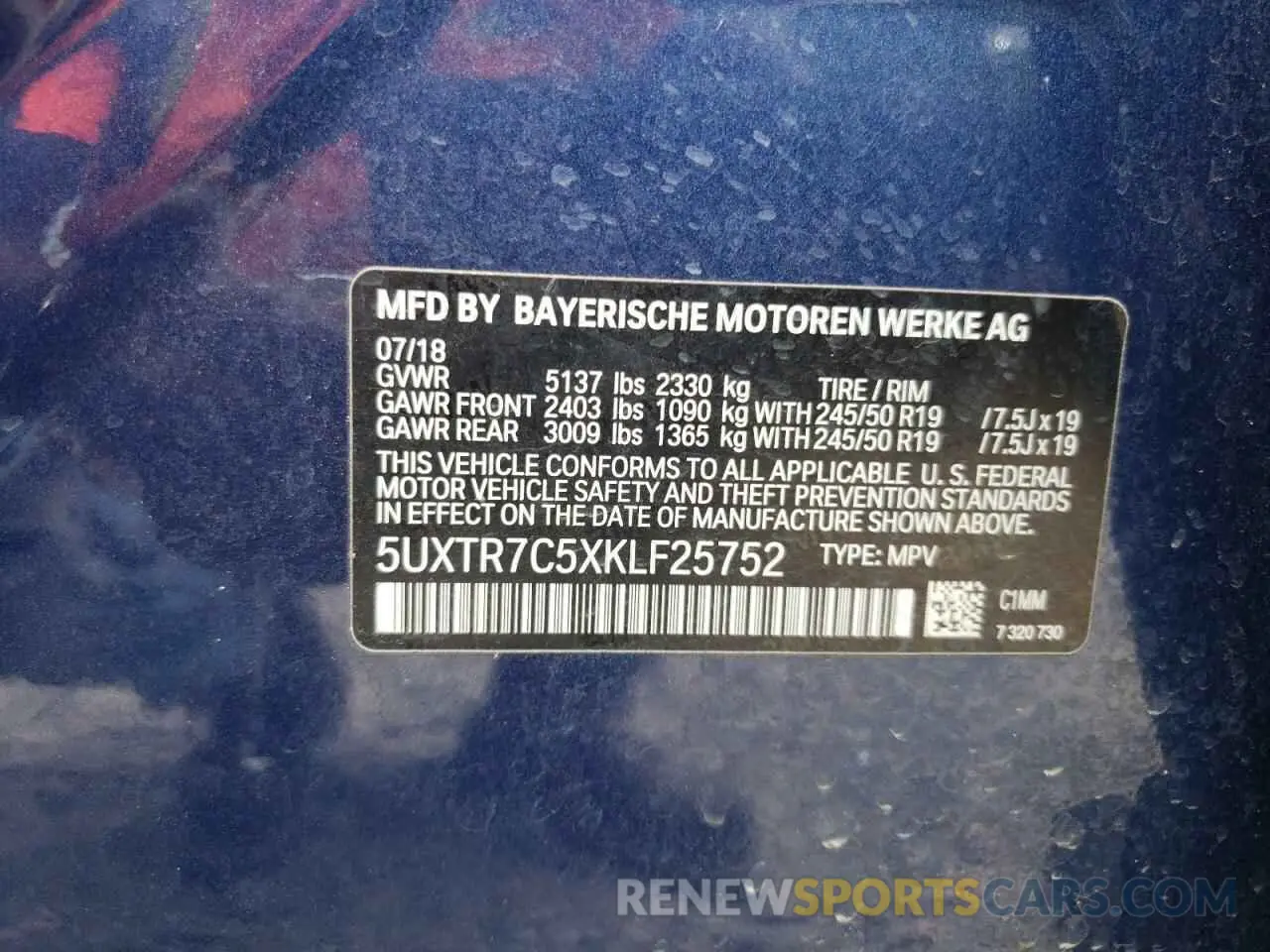 10 fotografías del automóvil dañado 5UXTR7C5XKLF25752 BMW X3 2019