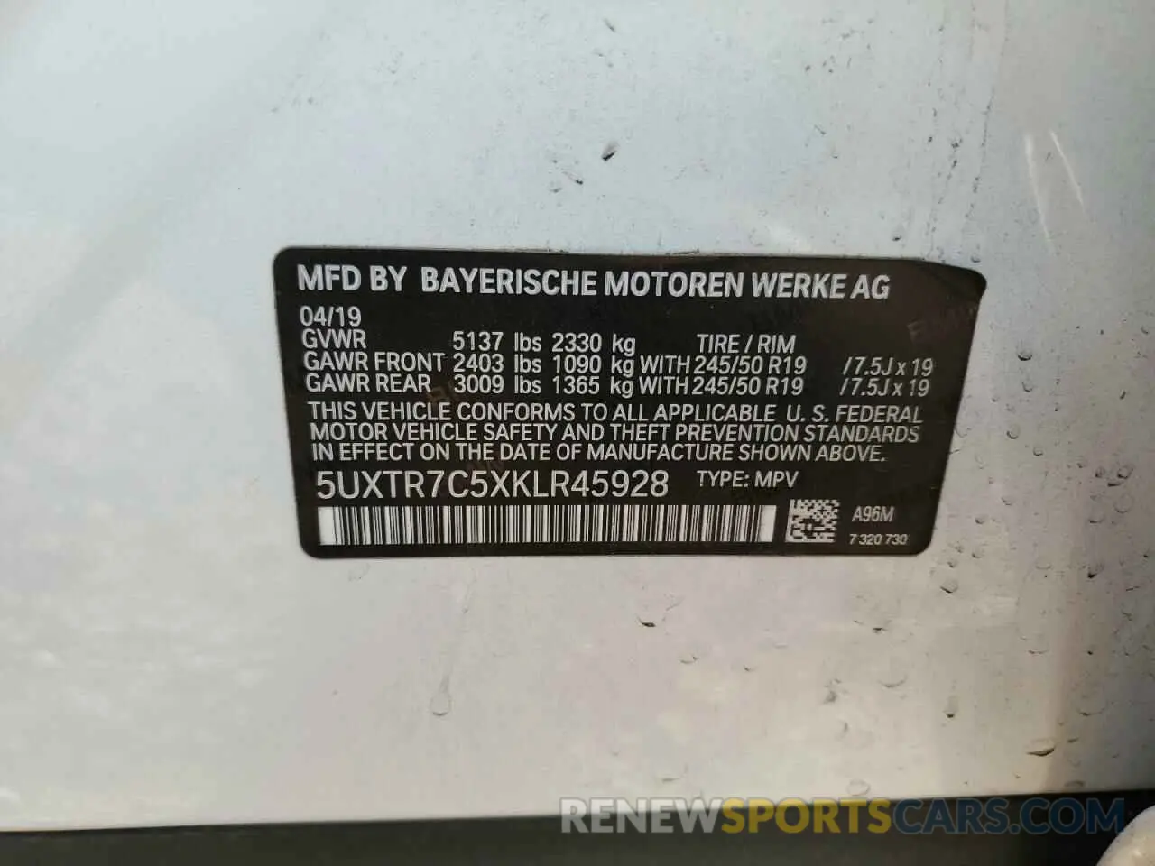 15 fotografías del automóvil dañado 5UXTR7C5XKLR45928 BMW X3 2019