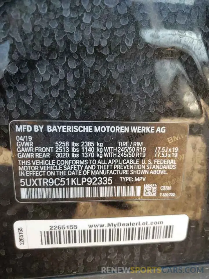 13 fotografías del automóvil dañado 5UXTR9C51KLP92335 BMW X3 2019