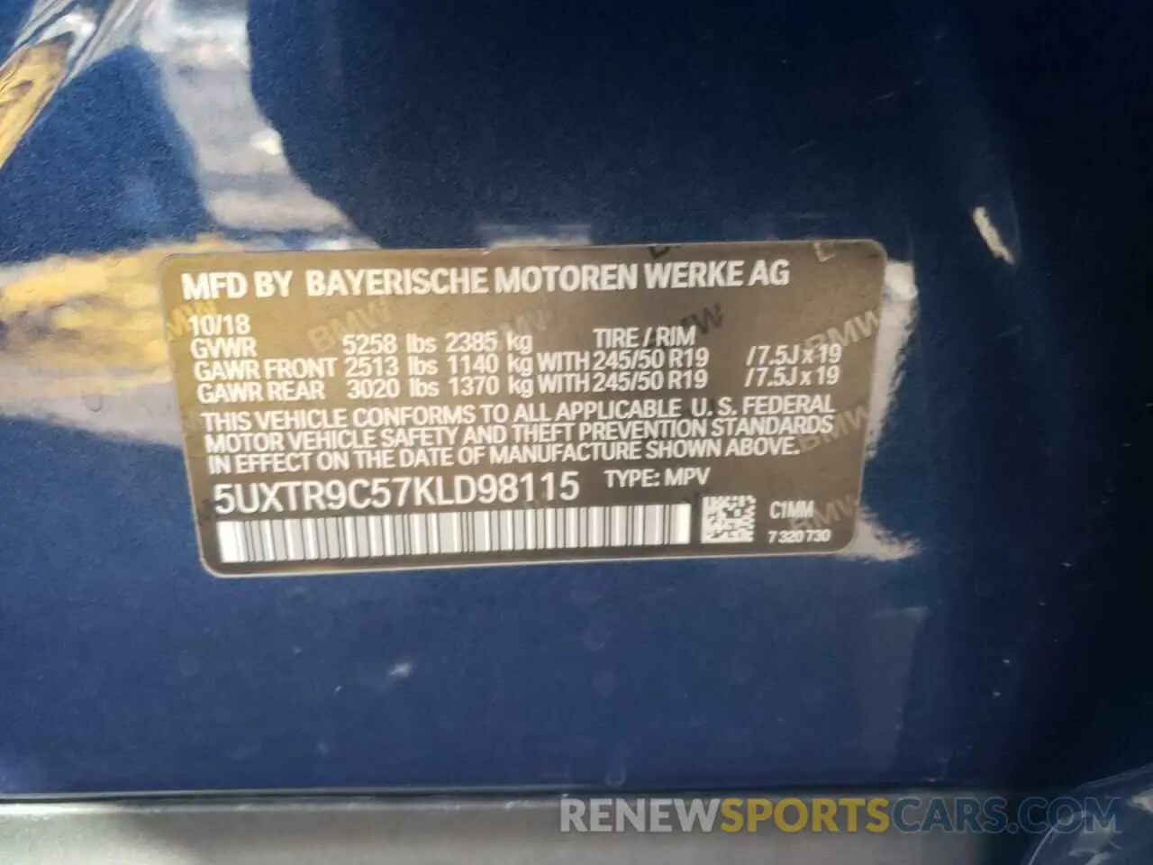 10 fotografías del automóvil dañado 5UXTR9C57KLD98115 BMW X3 2019