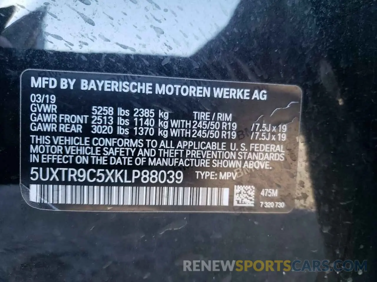 10 fotografías del automóvil dañado 5UXTR9C5XKLP88039 BMW X3 2019