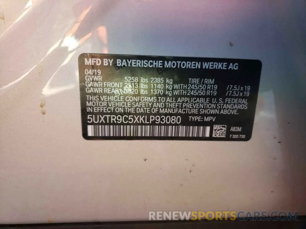 10 fotografías del automóvil dañado 5UXTR9C5XKLP93080 BMW X3 2019