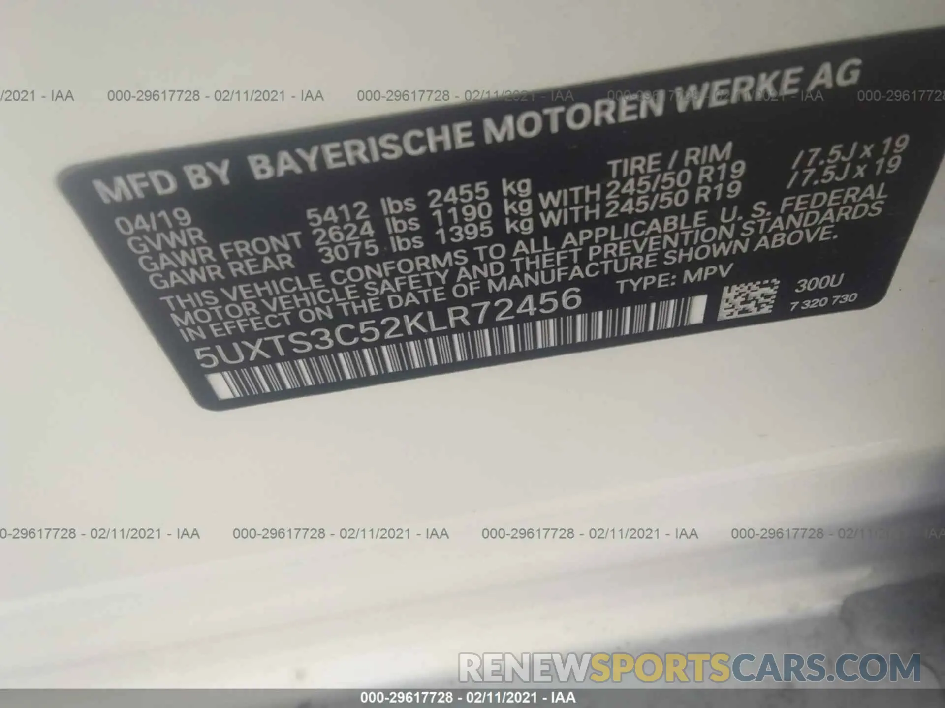9 fotografías del automóvil dañado 5UXTS3C52KLR72456 BMW X3 2019
