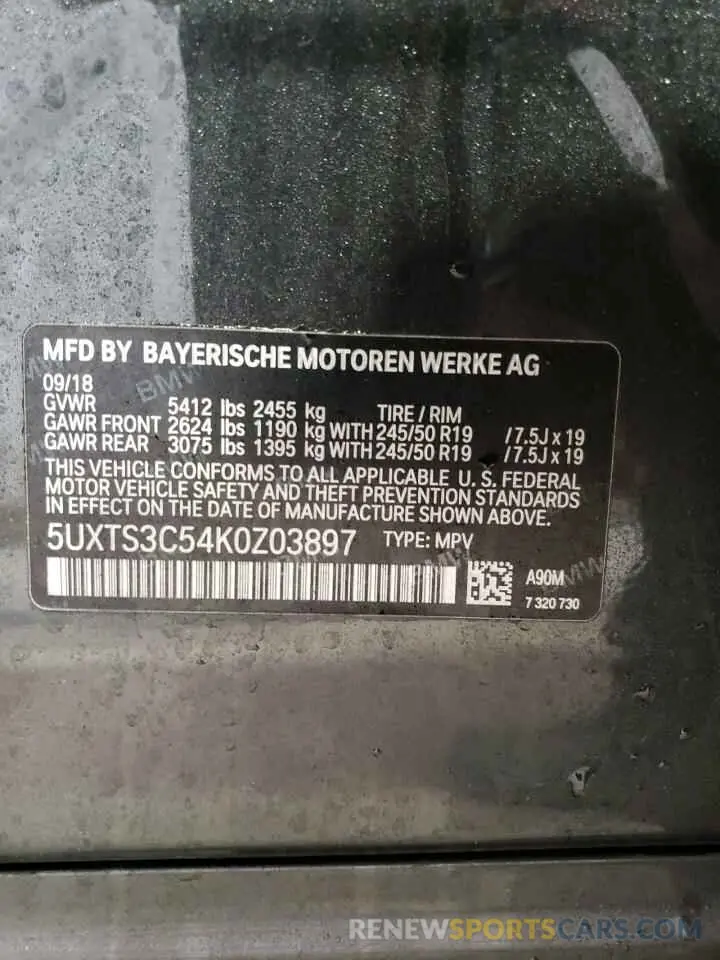 15 fotografías del automóvil dañado 5UXTS3C54K0Z03897 BMW X3 2019
