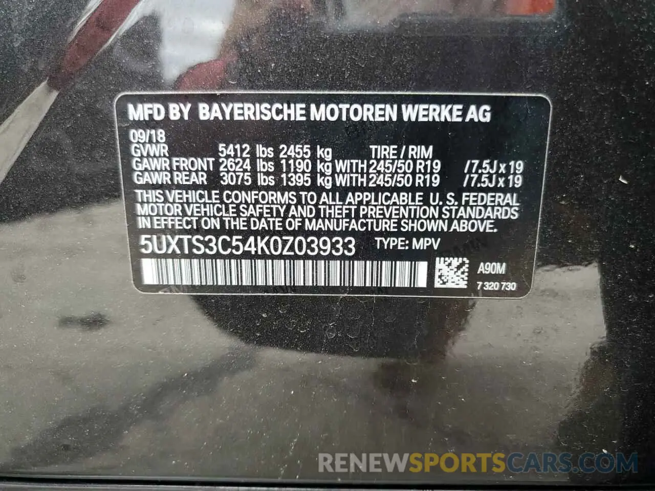 13 fotografías del automóvil dañado 5UXTS3C54K0Z03933 BMW X3 2019