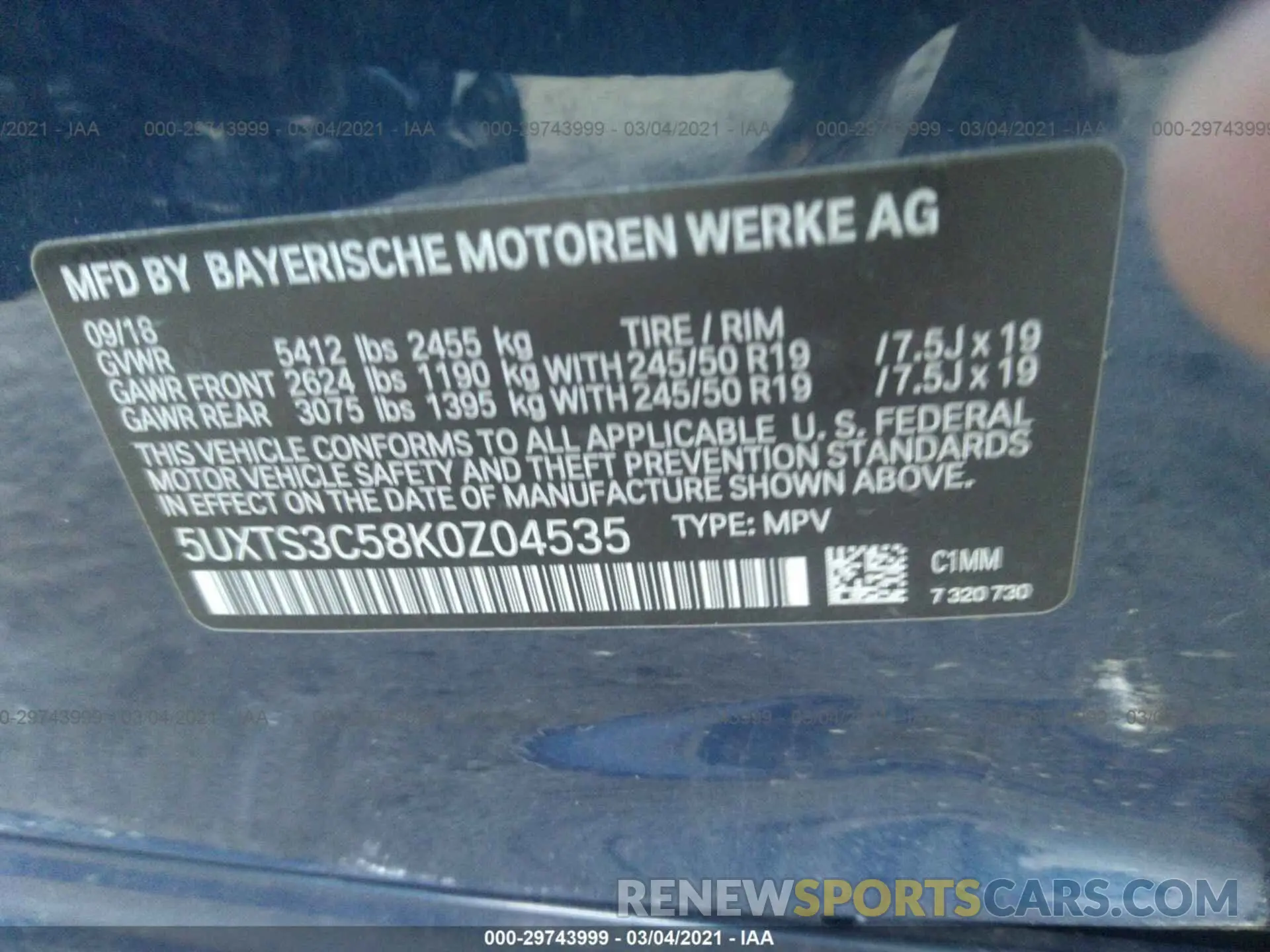 9 fotografías del automóvil dañado 5UXTS3C58K0Z04535 BMW X3 2019