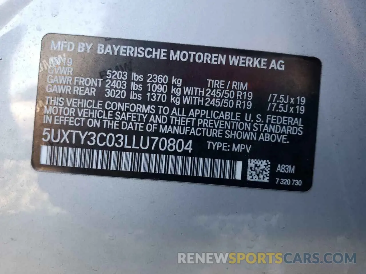 15 fotografías del automóvil dañado 5UXTY3C03LLU70804 BMW X3 2020