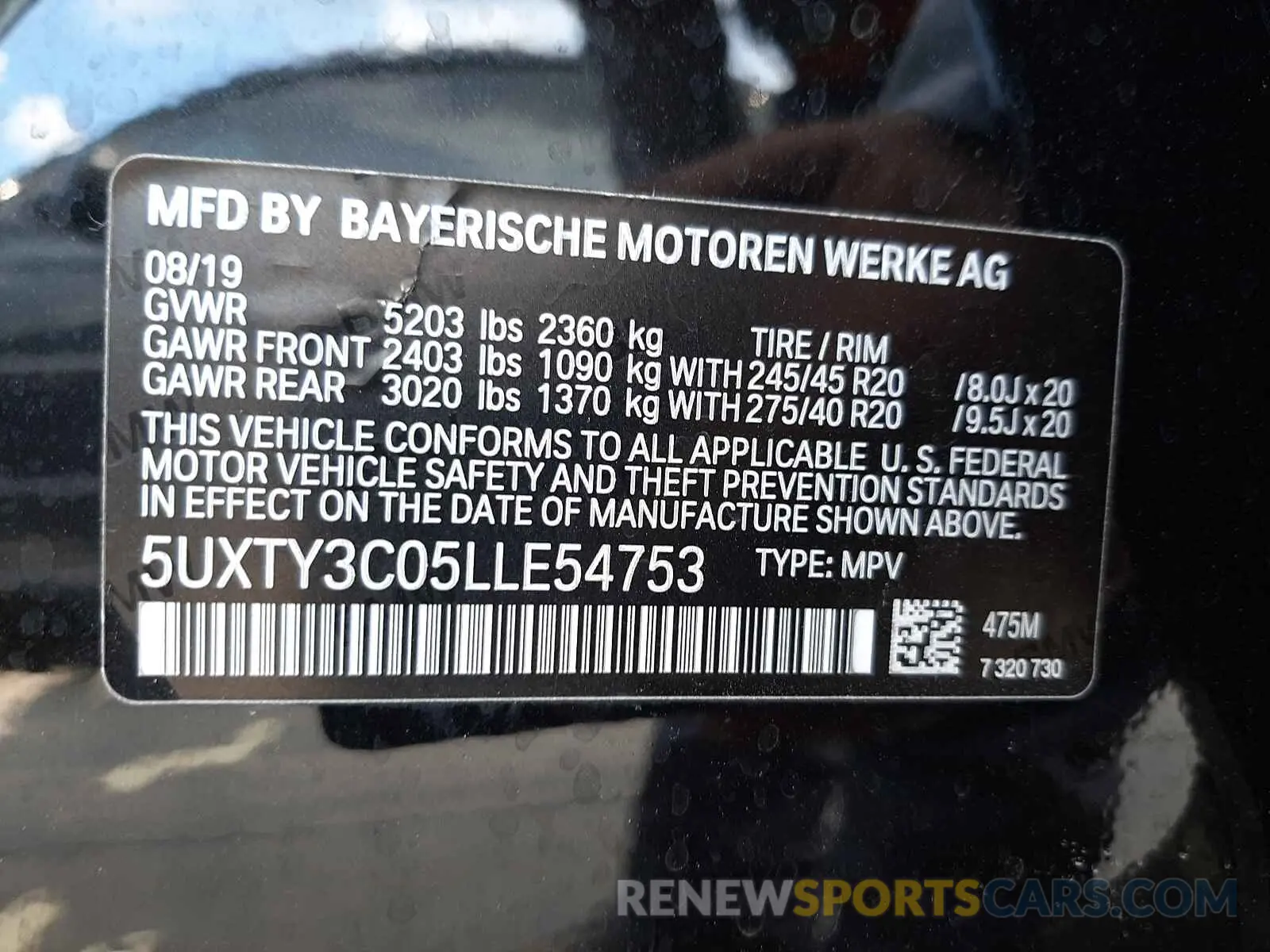 10 fotografías del automóvil dañado 5UXTY3C05LLE54753 BMW X3 2020
