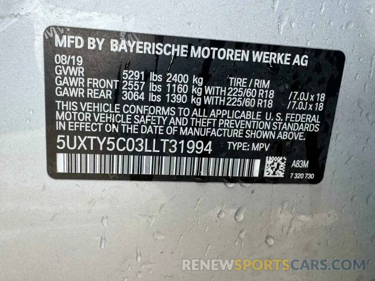 10 fotografías del automóvil dañado 5UXTY5C03LLT31994 BMW X3 2020
