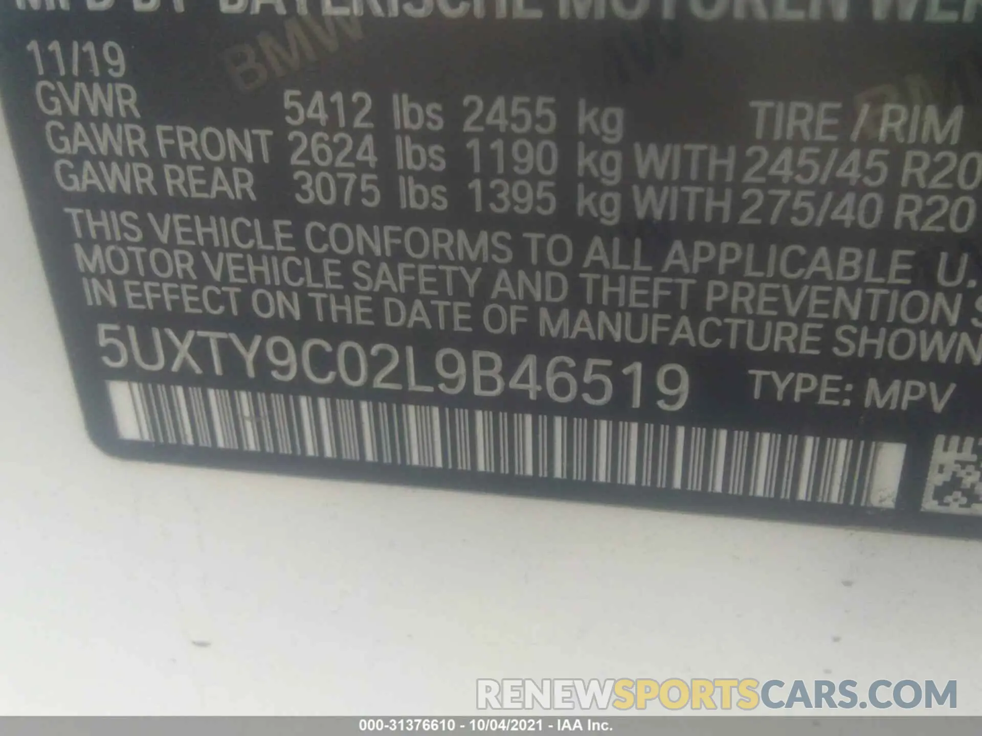 9 fotografías del automóvil dañado 5UXTY9C02L9B46519 BMW X3 2020