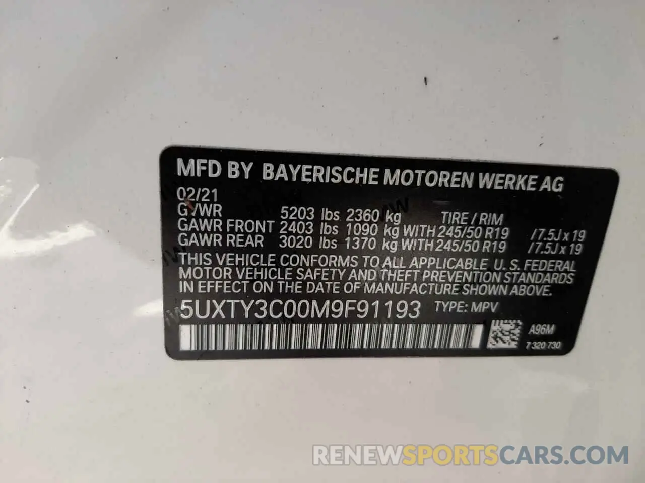 10 fotografías del automóvil dañado 5UXTY3C00M9F91193 BMW X3 2021