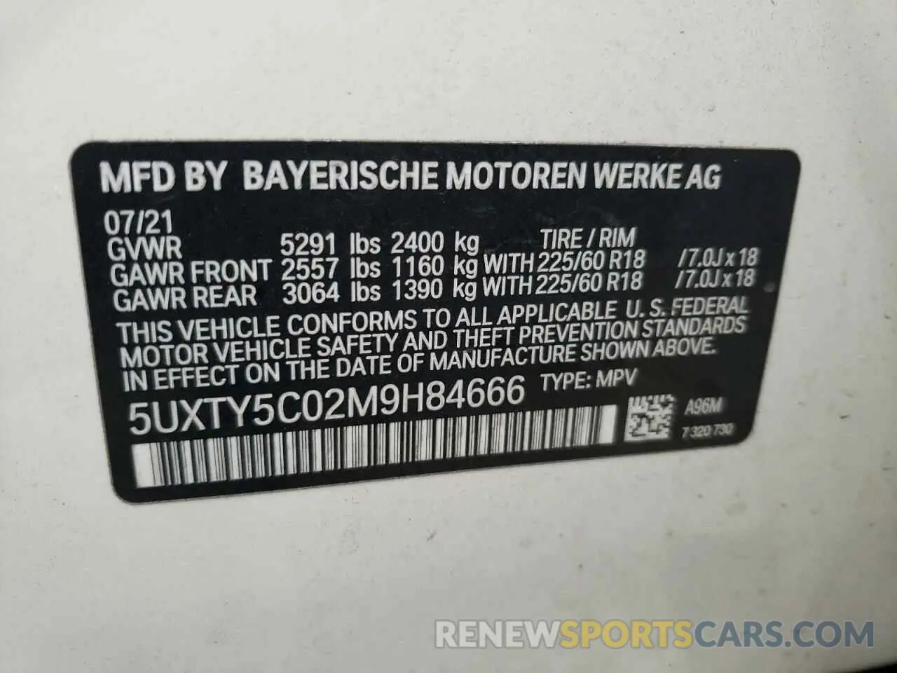 10 fotografías del automóvil dañado 5UXTY5C02M9H84666 BMW X3 2021