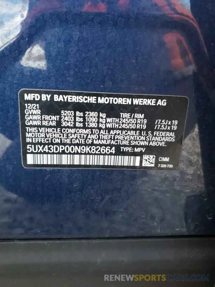 14 fotografías del automóvil dañado 5UX43DP00N9K82664 BMW X3 2022