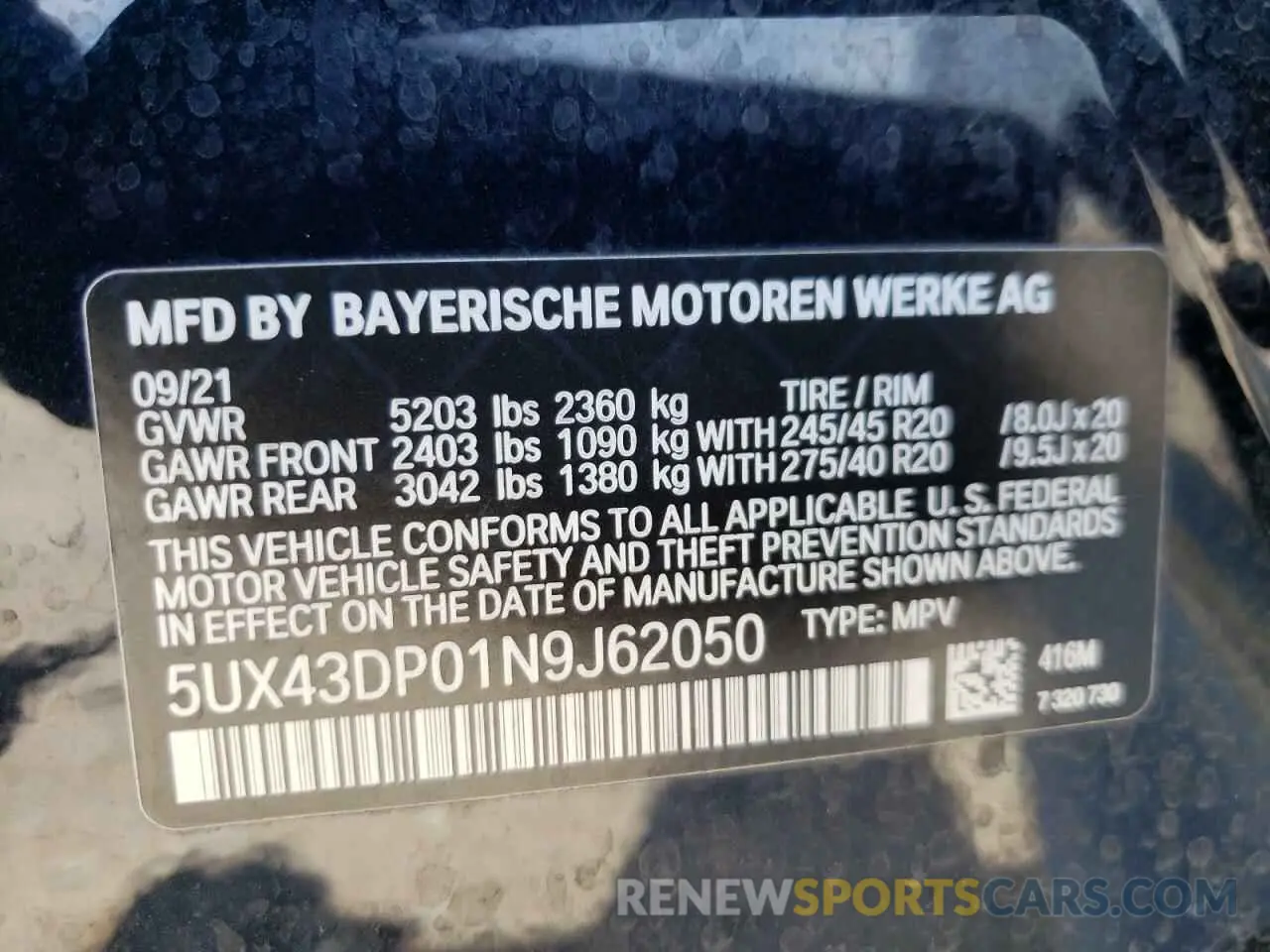 10 fotografías del automóvil dañado 5UX43DP01N9J62050 BMW X3 2022