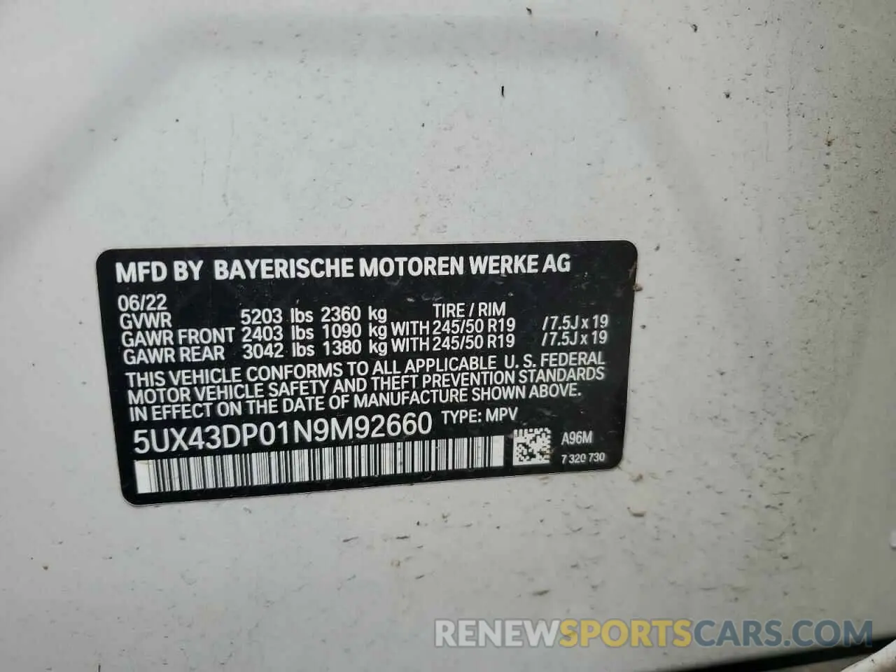 13 fotografías del automóvil dañado 5UX43DP01N9M92660 BMW X3 2022