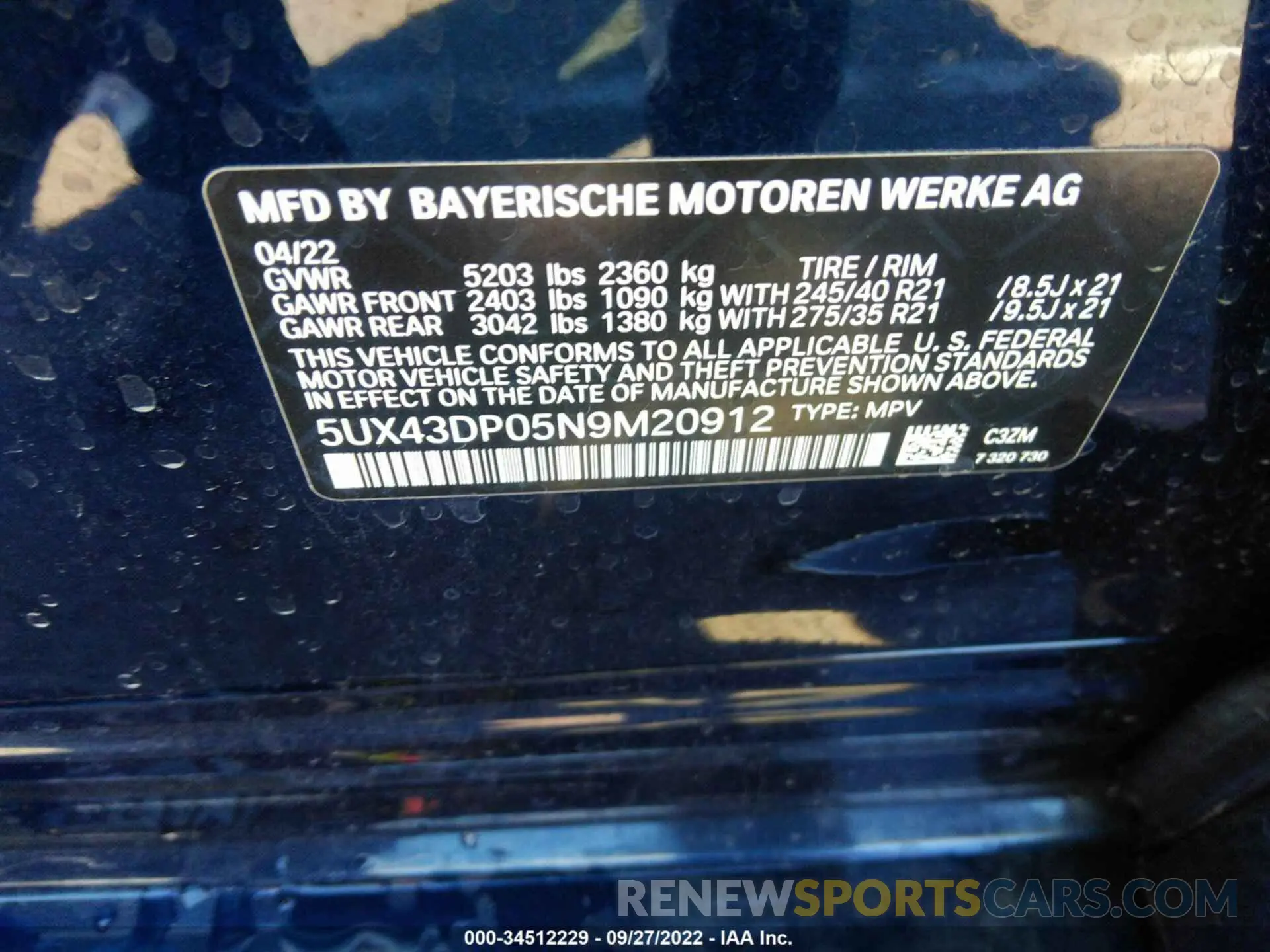 9 fotografías del automóvil dañado 5UX43DP05N9M20912 BMW X3 2022