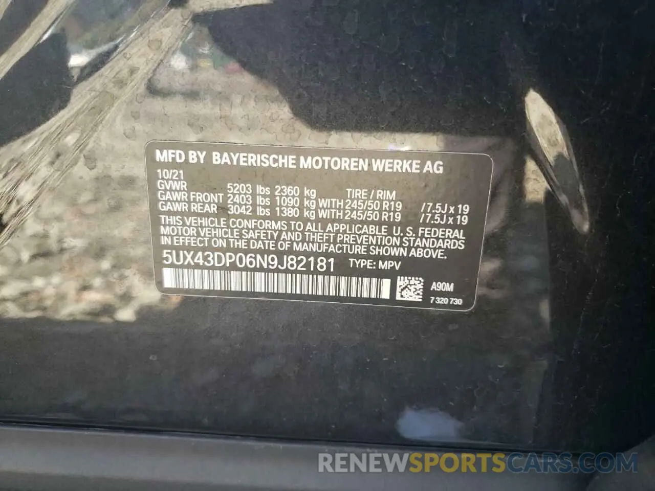 10 fotografías del automóvil dañado 5UX43DP06N9J82181 BMW X3 2022