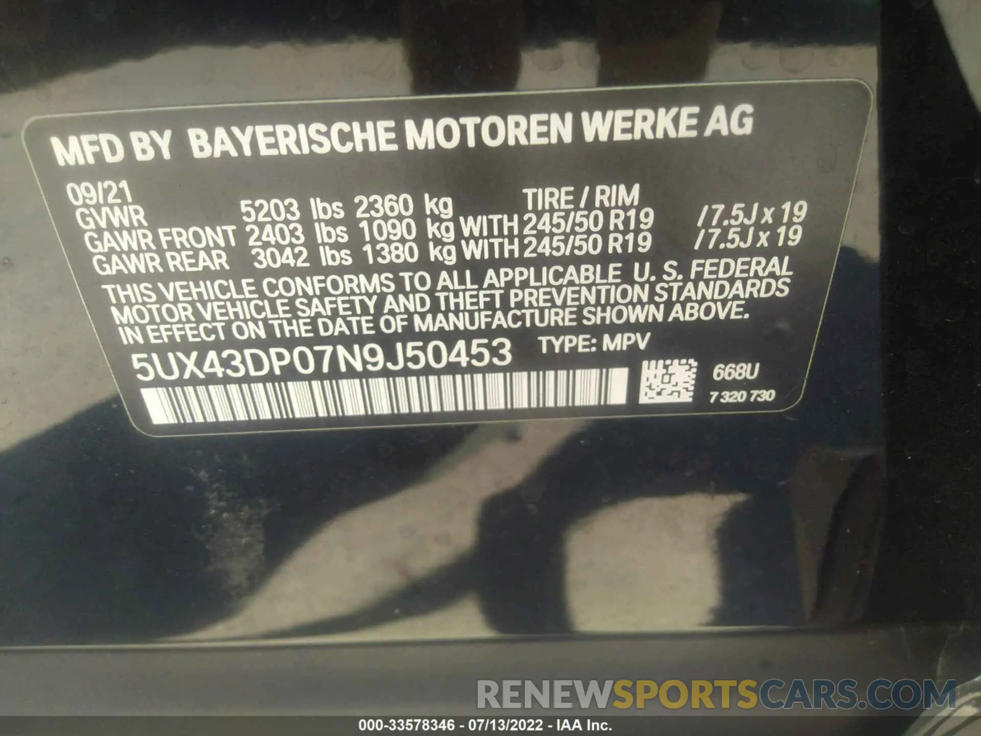 9 fotografías del automóvil dañado 5UX43DP07N9J50453 BMW X3 2022