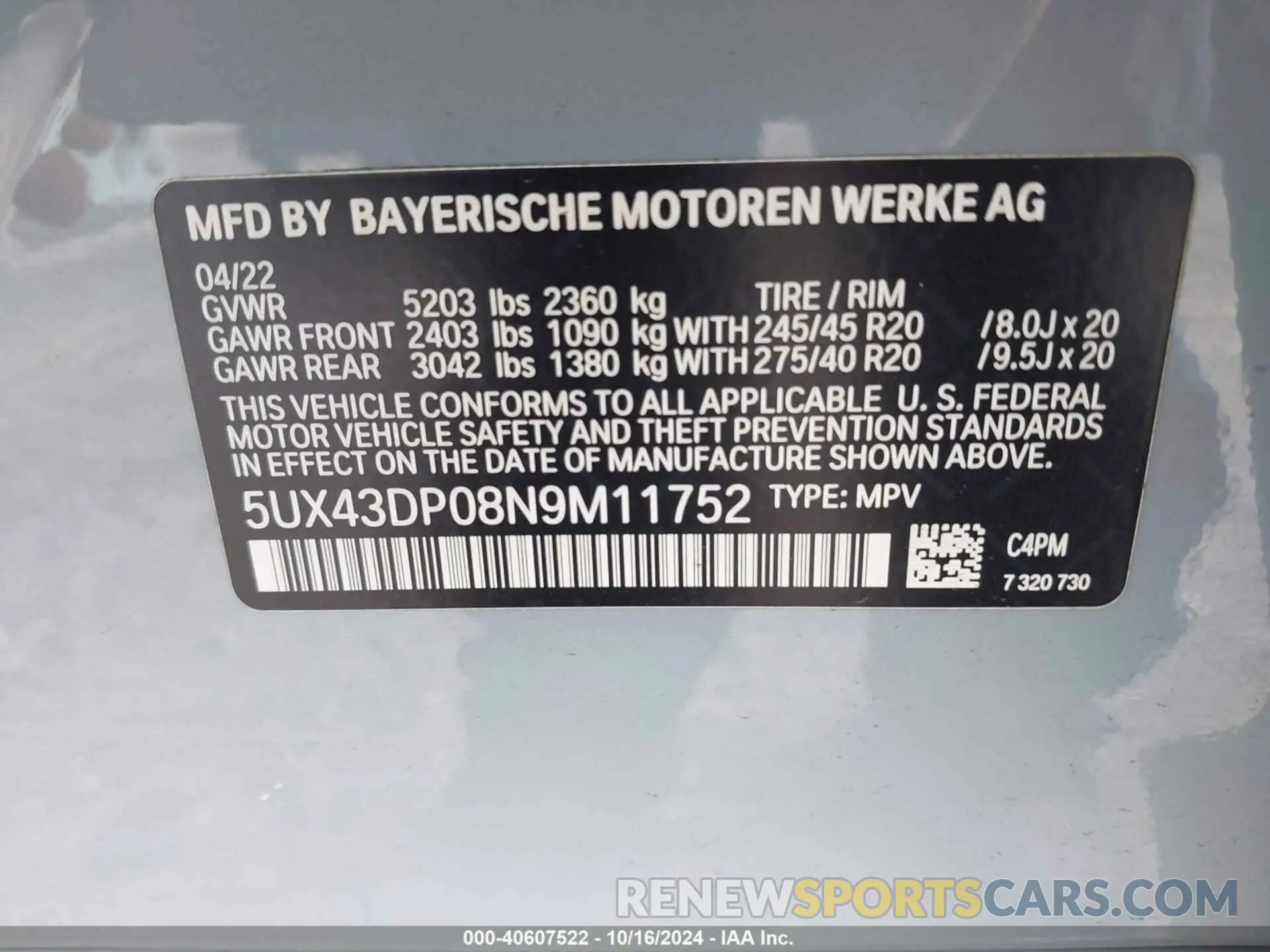 9 fotografías del automóvil dañado 5UX43DP08N9M11752 BMW X3 2022