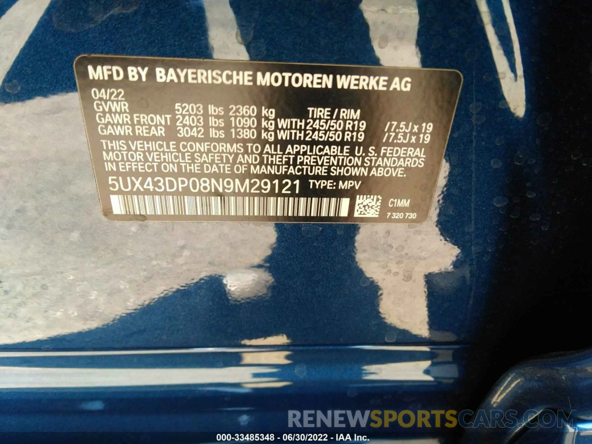 9 fotografías del automóvil dañado 5UX43DP08N9M29121 BMW X3 2022